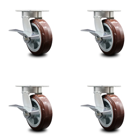 Service Caster 6 Inch Kingpinless Poly on Polyolefin Wheel Swivel Caster Set with Brakes SCC SCC-KP30S620-PPUR-SLB-4